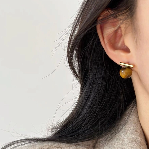 Minimalistische S925 Sterling Zilveren Tijgeroog Oorknopjes Geometrisch Verguld Natuursteen Hypoallergene Sieraden Voor Dames