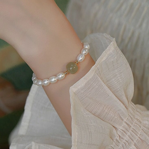 S925 Sterlingsilber Süßwasserperle Nephrit Jade Armband Handgefertigt Elegant Light Luxury Stil Damen Mode Handschmuck