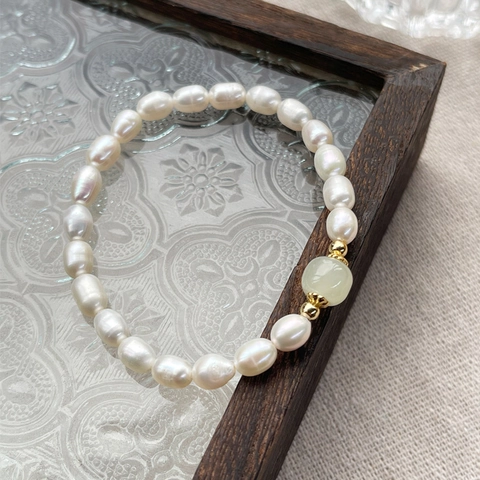 S925 Sterlingsilber Süßwasserperle Nephrit Jade Armband Handgefertigt Elegant Light Luxury Stil Damen Mode Handschmuck