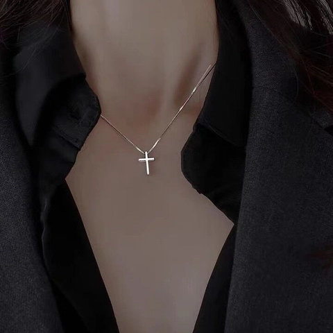 925 Sterling Silver Minimalist Cross Pendant Necklace For Women Polished Dainty Box Chain Choker Elegant All Match Daily Jewelry