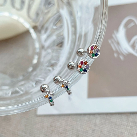 925 Sterling Silver Rainbow Colorful Rhinestone Stud Earrings Screw Back Round Cross Shape Small Ear Bone Nails Jewelry