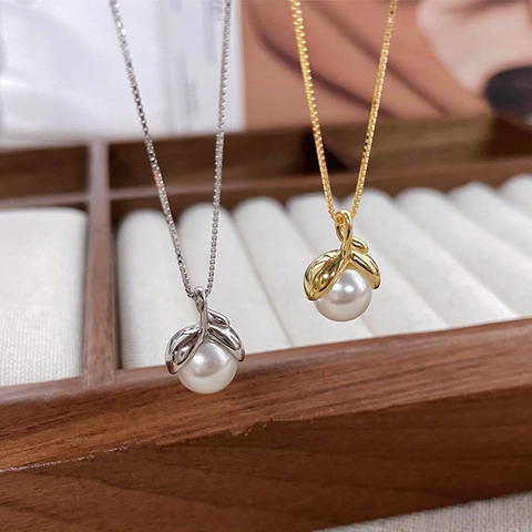 925 Sterling Silver Single Artificial Pearl Pendant Necklace Elegant Gold Silver Color Box Chain Jewelry For Women