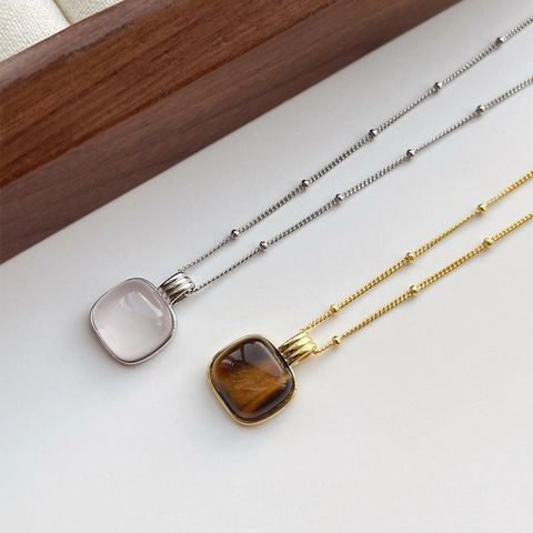S925 Silver Square Tiger Eye Rose Quartz Pendant Necklace For Women Simple Geometric Design Light Luxury Beaded Jewelry
