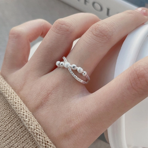 S925 Sterling Silver Double Layer Crossover Ring For Women Round Bead Rhinestone Inlaid Adjustable Open Finger Ring Jewelry