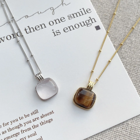 S925 Silver Square Tiger Eye Rose Quartz Pendant Necklace For Women Simple Geometric Design Light Luxury Beaded Jewelry