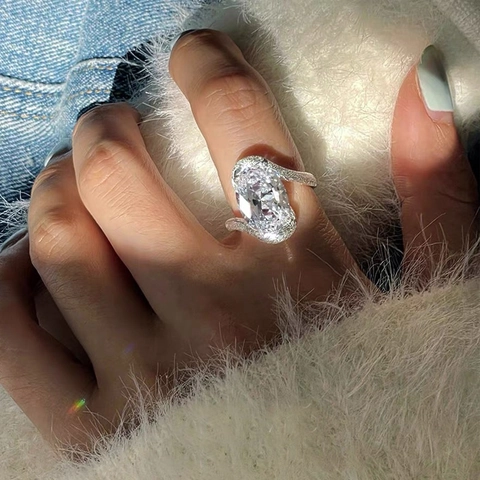 S925 Sterling Silver Oval Zirconia Open Ring For Women Elegant Frosted Textured Adjustable Finger Ring Luxury Fashion Jewelry Gift