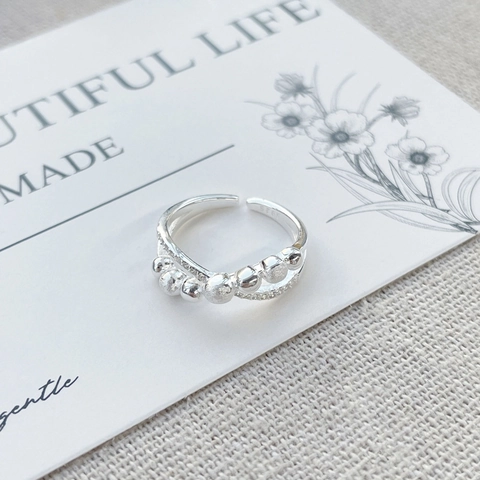 S925 Sterling Silver Double Layer Crossover Ring For Women Round Bead Rhinestone Inlaid Adjustable Open Finger Ring Jewelry