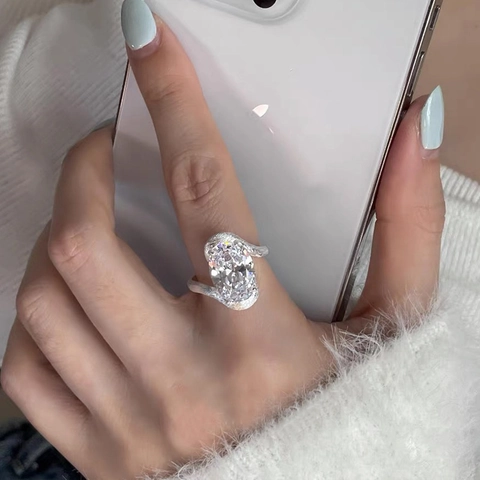 S925 Sterling Silver Oval Zirconia Open Ring For Women Elegant Frosted Textured Adjustable Finger Ring Luxury Fashion Jewelry Gift