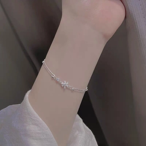 925 Sterling Silver Double Layer Cherry Blossom Bracelet Rhinestone Flower Pendant Adjustable Chain Fashion Jewelry For Women