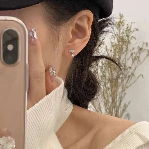 925 Sterling Silver Bowknot Round Bead Stud Earrings For Women Minimalist Screw Back Polished Fashion Jewelry Small Earring
