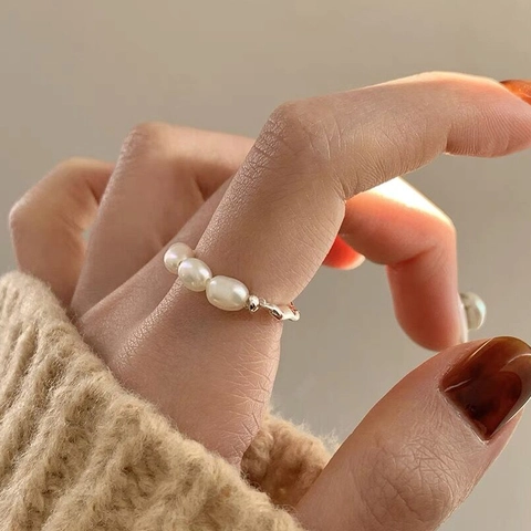 Anello Aperto in Argento Sterling S925 Con Perla d'Acqua Dolce Design a Trama Irregolare Anelli Regolabili Retrò Francesi Per Donna Gioielli