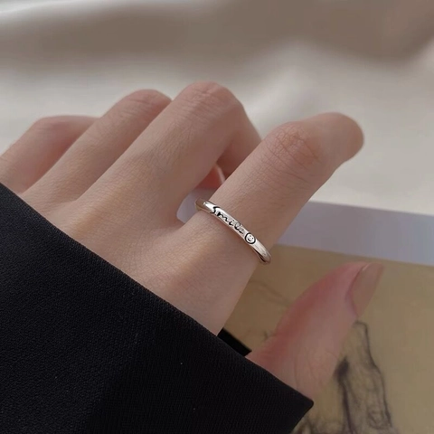 Anillo de Plata de Ley 925 Cara Sonriente Minimalista Vintage Letras Grabadas Banda Abierta Ajustable Joyería de Moda Mujer