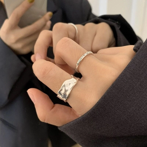 Anillo de Plata de Ley 925 Cara Sonriente Minimalista Vintage Letras Grabadas Banda Abierta Ajustable Joyería de Moda Mujer