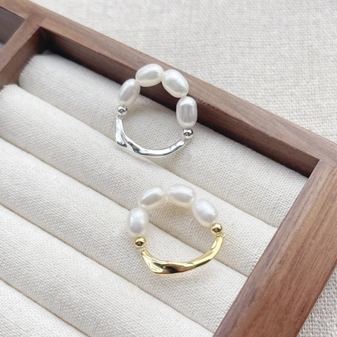Anello Aperto in Argento Sterling S925 Con Perla d'Acqua Dolce Design a Trama Irregolare Anelli Regolabili Retrò Francesi Per Donna Gioielli