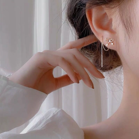Σκουλαρίκια S925 Sterling Silver Bowknot Tassel Ear Threaders Κομψά Ζιργκόν Μακριά Αλυσίδα Κρεμαστά Σκουλαρίκια Κοσμήματα