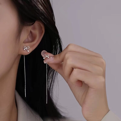 Σκουλαρίκια S925 Sterling Silver Bowknot Tassel Ear Threaders Κομψά Ζιργκόν Μακριά Αλυσίδα Κρεμαστά Σκουλαρίκια Κοσμήματα