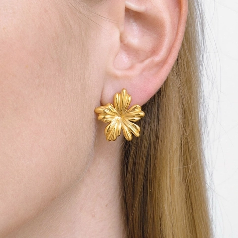 Pendientes de Botón de Flor de Trompeta de Acero Inoxidable Estilo Ins Chapado en Oro 18K Plata 3D Joyería de Moda