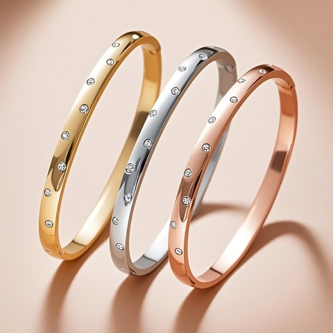 18K Gold Plated Stainless Steel Bangle Bracelet For Women Rhinestone Inlaid Minimalist Waterproof Cuff Bangle Fashion Jewelry