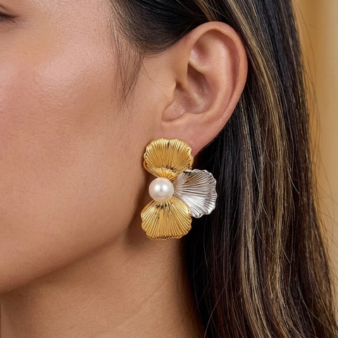 Pendientes De Botón Pétalo De Flor Acero Inoxidable Mezcla Oro Plata Color Con Perla Artificial Elegante Moda Impermeable Hipoalergénico Mujeres