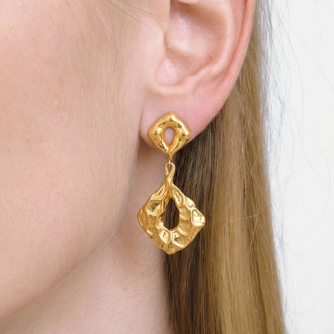 Geometric Hammered Texture Drop Earrings Gold Plated Stainless Steel Waterproof Hypoallergenic Jewelry For Women