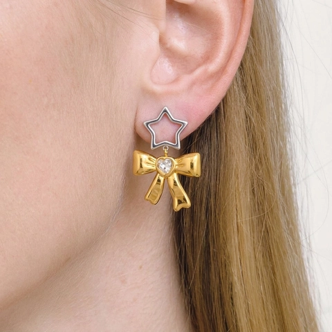 Orecchini Pendenti Con Fiocco E Stella Vuota Acciaio Inossidabile Placcato Oro 18K Zircone Cuore Ipoallergenico