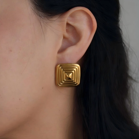 Geometric Square Earrings And Ring 304 Stainless Steel Waterproof Hypoallergenic Retro Rhombic Textured Punk Jewelry Women