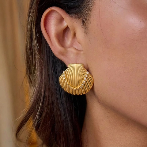 Muschel Ohrstecker Edelstahl 18K Vergoldet Strass Muschel Ozean Stil Mode Schmuck Für Damen