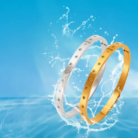 Stainless Steel Eight-Pointed Star Bangle Bracelet For Women Gold Silver Plated Water-Resistant Rhinestone Inlaid Fashion Jewelry Gift