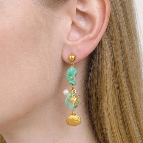 Pendientes De Acero Inoxidable Con Piedra Verde Irregular Perla Artificial Blanca Colgantes De Estrella De Mar Concha Para Mujeres Verano