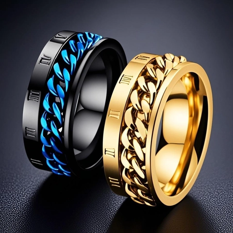 Stainless Steel Spinner Chain Ring Men Women Rotatable Roman Numerals Viking Runes Anxiety Relief Band Jewelry Gift