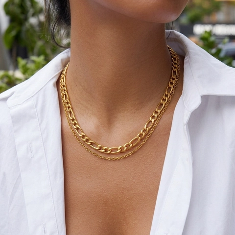Double Layer Necklace 18K Gold Plated Stainless Steel Figaro Cable Chain Waterproof Minimalist Punk Hip Hop For Women