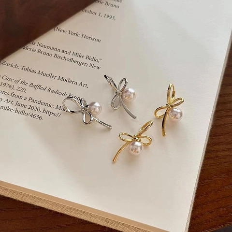 Pendientes de Lazo de Plata de Ley S925 Con Ónix Negro Perla Artificial Elegante Dulce Estilo de Lujo Ligero Joyería Mujer