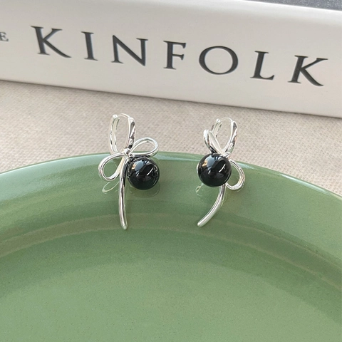 Pendientes de Lazo de Plata de Ley S925 Con Ónix Negro Perla Artificial Elegante Dulce Estilo de Lujo Ligero Joyería Mujer