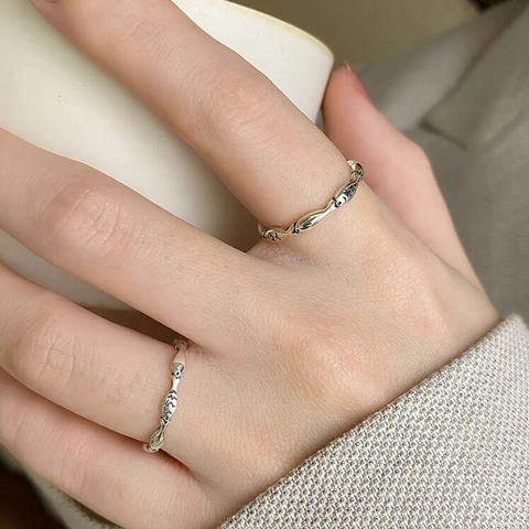 Vintage S925 Sterling Silver Minimalist Fish Open Ring For Women Chic Adjustable Finger Ring Jewelry Anniversary Gift