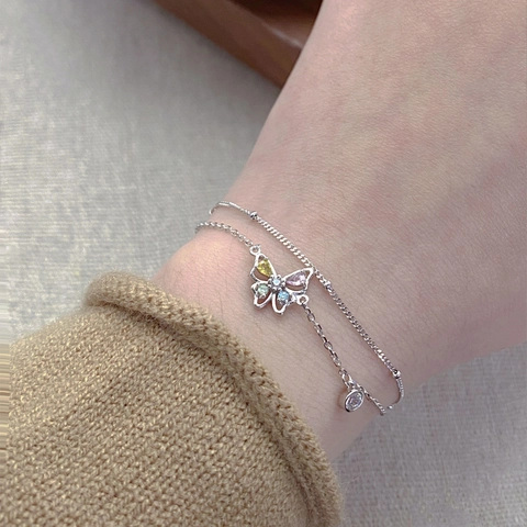 925 Sterling Silver Double Layer Bracelet Hollow Butterfly Rhinestone Bracelet For Women Platinum Color Jewelry Gift