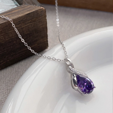 Collana in Argento Sterling S925 Con Zirconia Viola a Goccia per Donna Design di Classe Catenina con Ciondolo a Goccia d'Acqua Gioielli