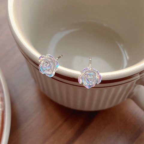 925 Sterling Silber Kamelienblüten Ohrstecker Irisierendes Harz Rose Design Elegante Damen Schmuck Accessoire Geschenk