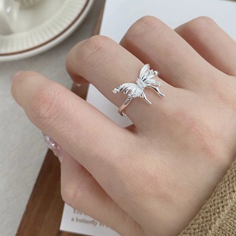 Anillo Abierto Ajustable de Mariposa de Plata de Ley 925 para Mujer Anillo con Strass Incrustado Irregular Joyería de Moda Regalo