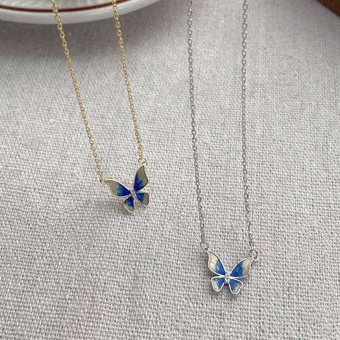 S925 Sterling Silver Butterfly Pendant Necklace For Women Blue Gradient Enamel Zirconia Inlaid Jewelry Gift