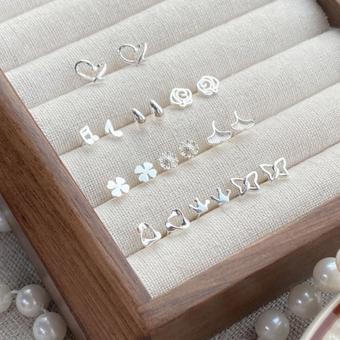Minimalist S999 Pure Silver Stud Earrings Heart Rose Butterfly Crown Ginkgo Leaf Small Earring For Women Jewelry