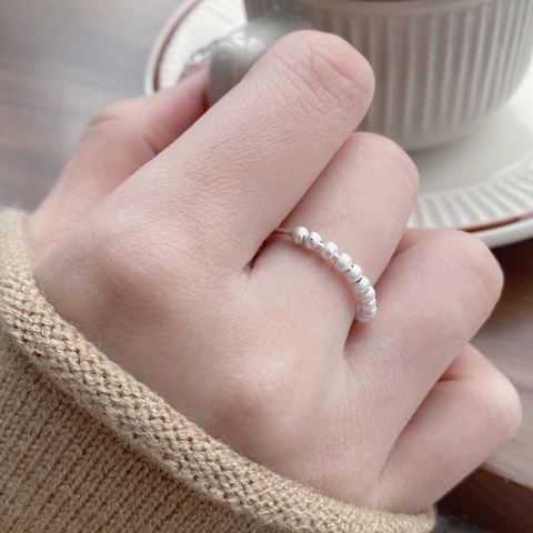 S925 Sterling Silver Brushed Bead Ring For Women Minimalist Adjustable Open Ring Dainty Round Bead Finger Fashion Jewelry Gift