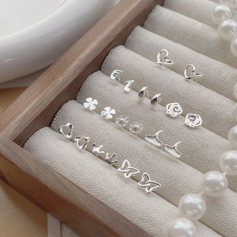 Minimalist S999 Pure Silver Stud Earrings Heart Rose Butterfly Crown Ginkgo Leaf Small Earring For Women Jewelry