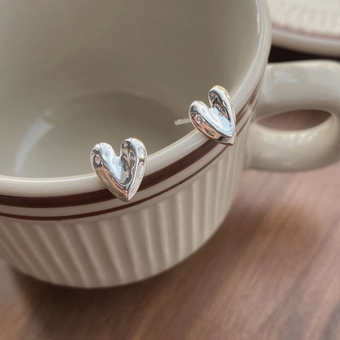 S999 Fine Silver Heart Stud Earrings Minimalist Hammered Texture Design Elegant Small Love Earrings For Women Fashion Jewelry Gift