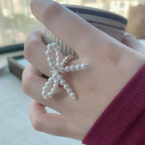 S925 Zilveren Strikje Kralen Ring Voor Vrouwen Handgemaakte Elastische Touw Agaat Kunstparel Verstelbare Sieraden Ring