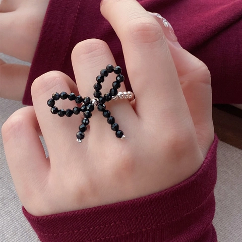 S925 Zilveren Strikje Kralen Ring Voor Vrouwen Handgemaakte Elastische Touw Agaat Kunstparel Verstelbare Sieraden Ring