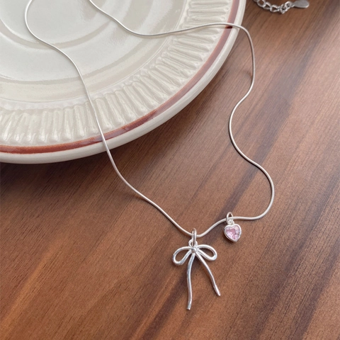 Collana con Ciondolo a Fiocco e Cuore Rosa in Argento Sterling S925 Dolce Catena a Ossa di Serpente con Zirconia Gioielli Donna