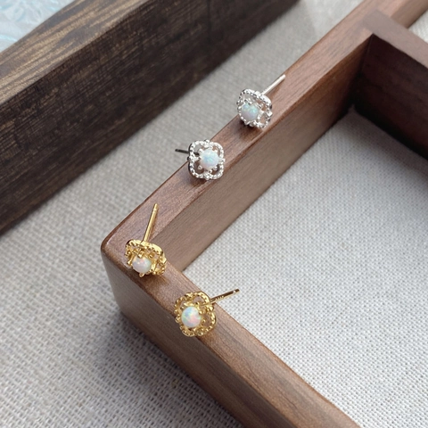 S999 Sterling Zilver Opaal Klavertje Vier Oorknopjes Voor Dames Minimalistische Vintage Holle Bloem Piercing Sieraden Accessoire