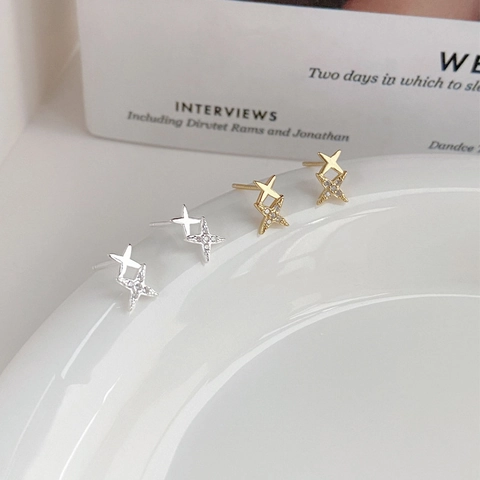 Orecchini a Bottone a Stella a Quattro Punte in Argento Sterling S999 Con Zirconia Gioielli Minimalisti Oro Argento per Donna
