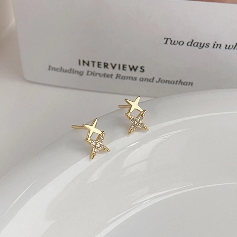 Orecchini a Bottone a Stella a Quattro Punte in Argento Sterling S999 Con Zirconia Gioielli Minimalisti Oro Argento per Donna