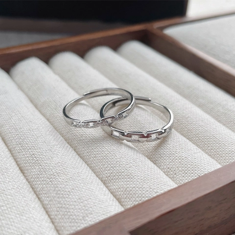 925 Sterling Silver Interlocking Chain Link Adjustable Open Ring For Men Women Minimalist Design Zircon Inlaid Jewelry Valentine Gift